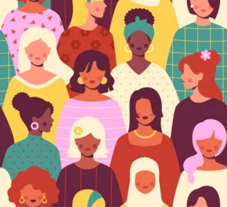 Ilustração com diversas mulheres coloridas