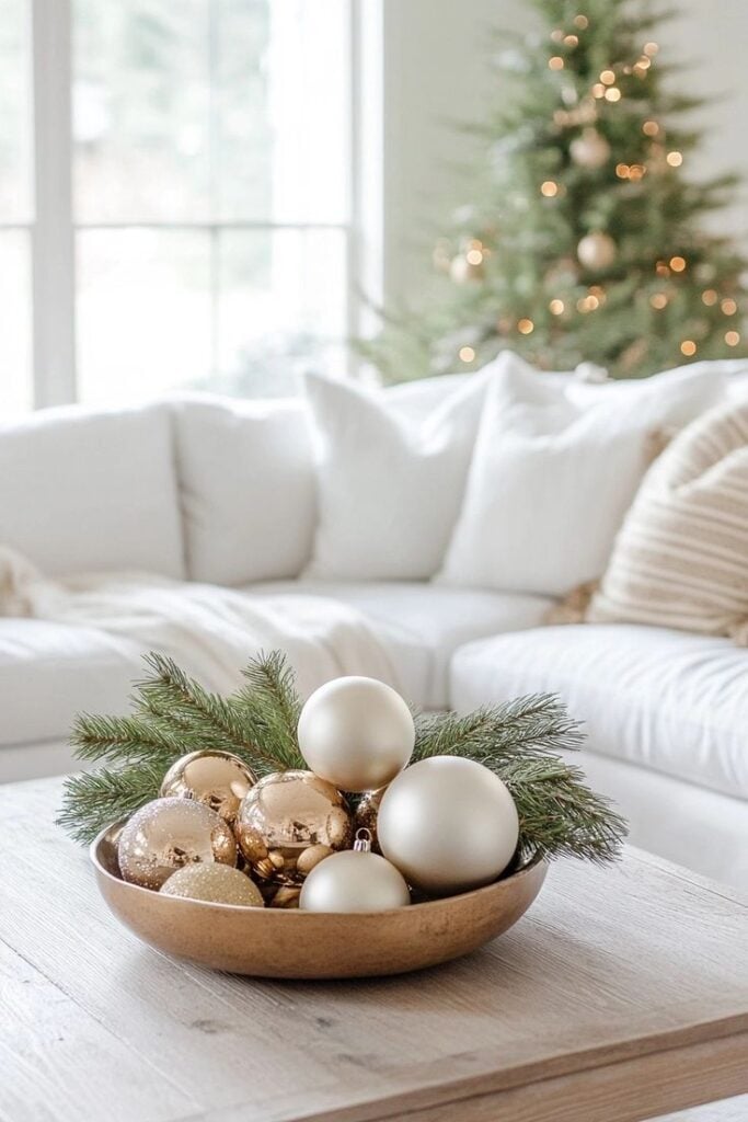 Mesa de centro com decoração de bolas natalinas
