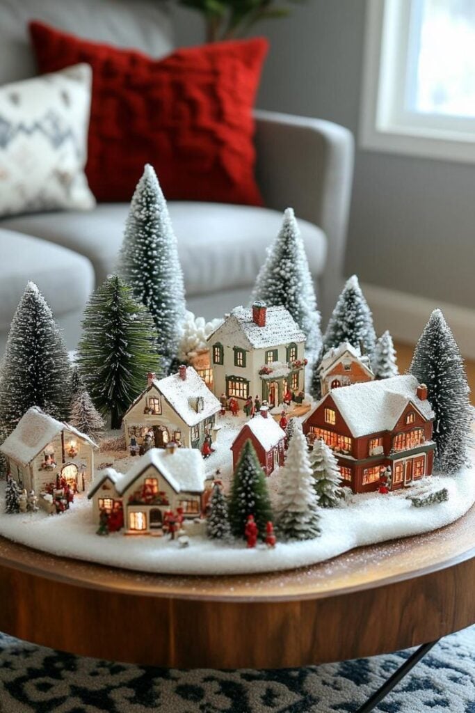Decoração de mesa de centro com cidade natalina.