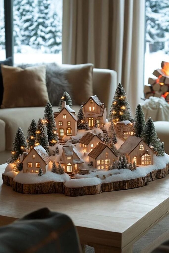 Decoração de mesa de centro com cidade natalina.