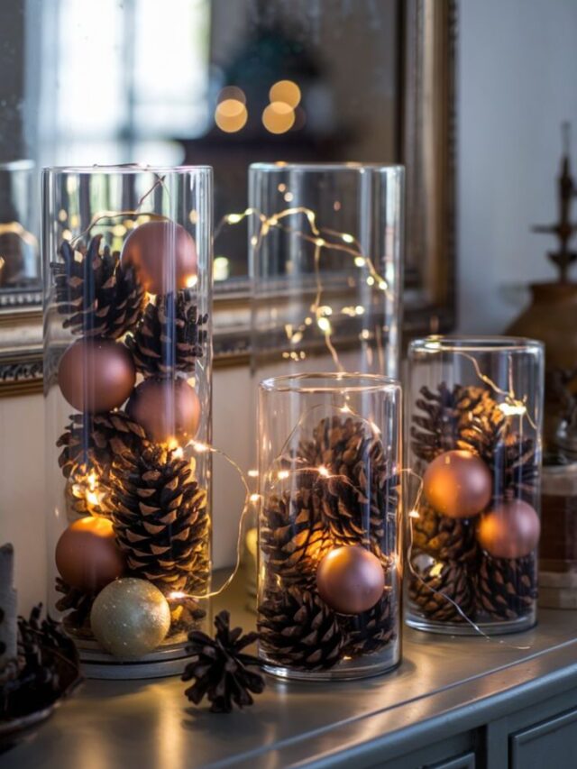 Vidros decorados com pinhas, bolas douradas e rosé e luzes