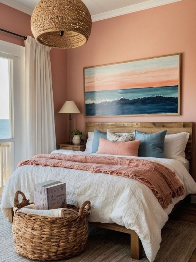 Quarto rosa com madeira