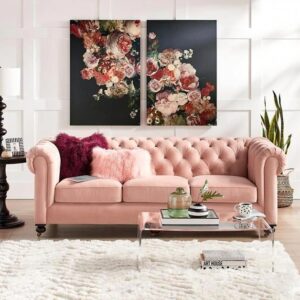 Sofá rosa claro em estilo capitonê