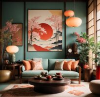 Sala de estar com sofá e parede em tom de verde, almofadas, lanternas e quadro com detalhes em rosa, laranja e vermelho