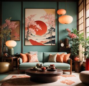 Sala de estar com sofá e parede em tom de verde, almofadas, lanternas e quadro com detalhes em rosa, laranja e vermelho
