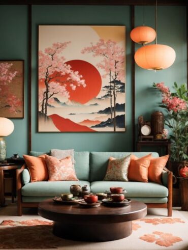 Sala de estar com sofá e parede em tom de verde, almofadas, lanternas e quadro com detalhes em rosa, laranja e vermelho