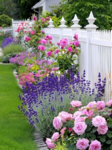 Jardim com cerca branca, roseiras cor de rosa e flores roxinhas