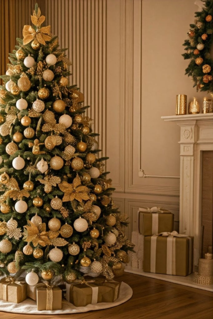 Árvore de Natal em dourado, verde e branco
