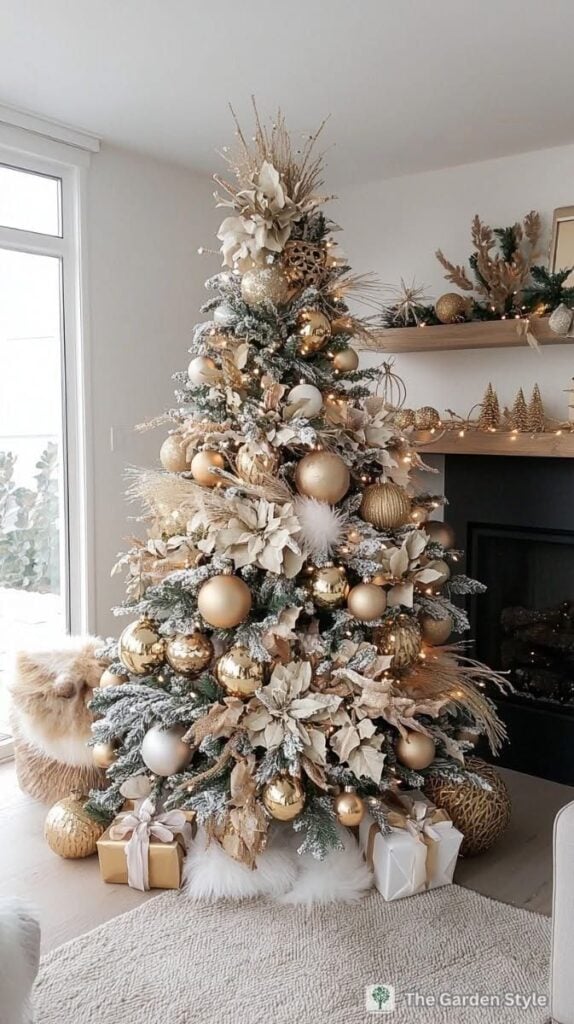Árvore de Natal com bolas e flores douradas