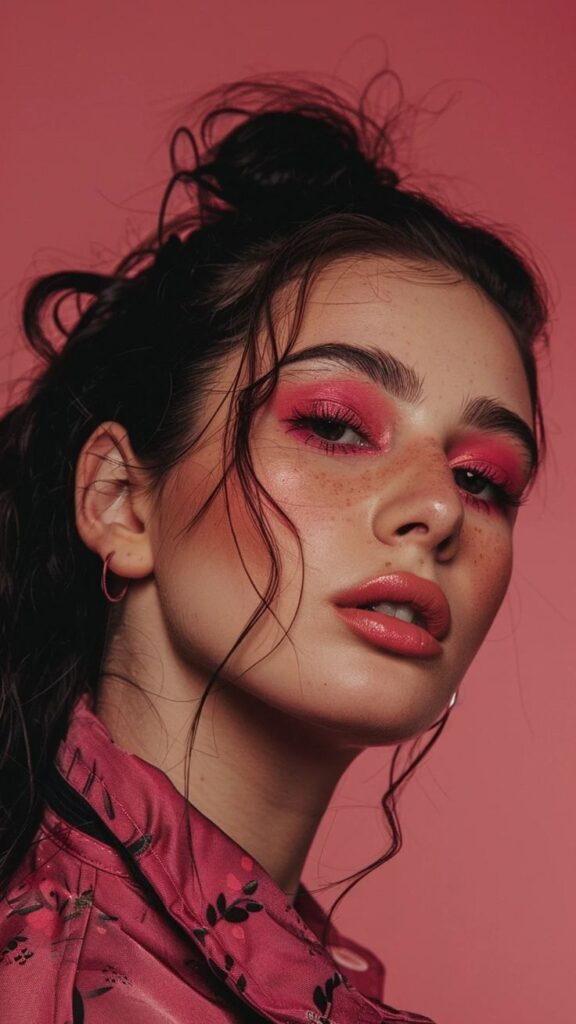 Mulher de pele clara, com cabelo meio-preso e maquiagem rosa