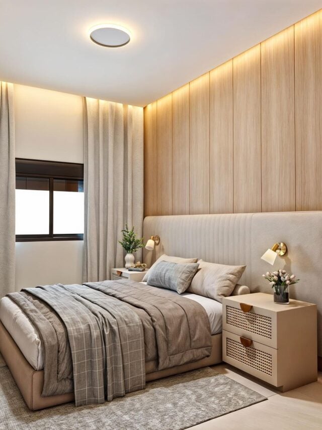 Quarto com cama, cabeceira estofada, mesa de cabeceira com telhinha, cortinas e gesso com sanca iluminada