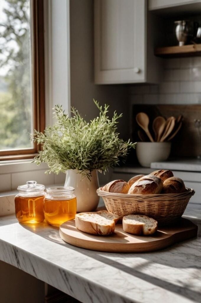Mesa com cesto com pães, mel e vaso com planta