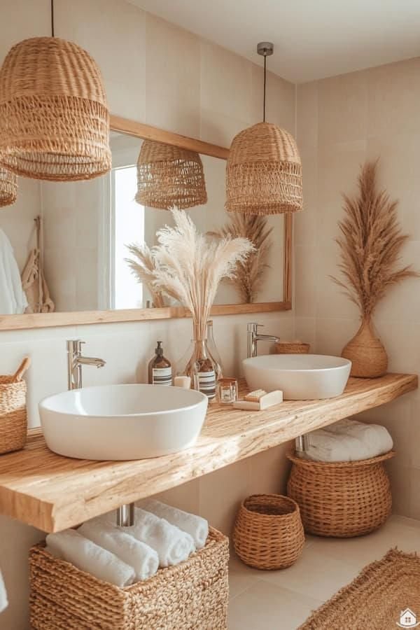 Banheiro no estilo boho, com diversos elementos em fibra natural e bancada em madeira
