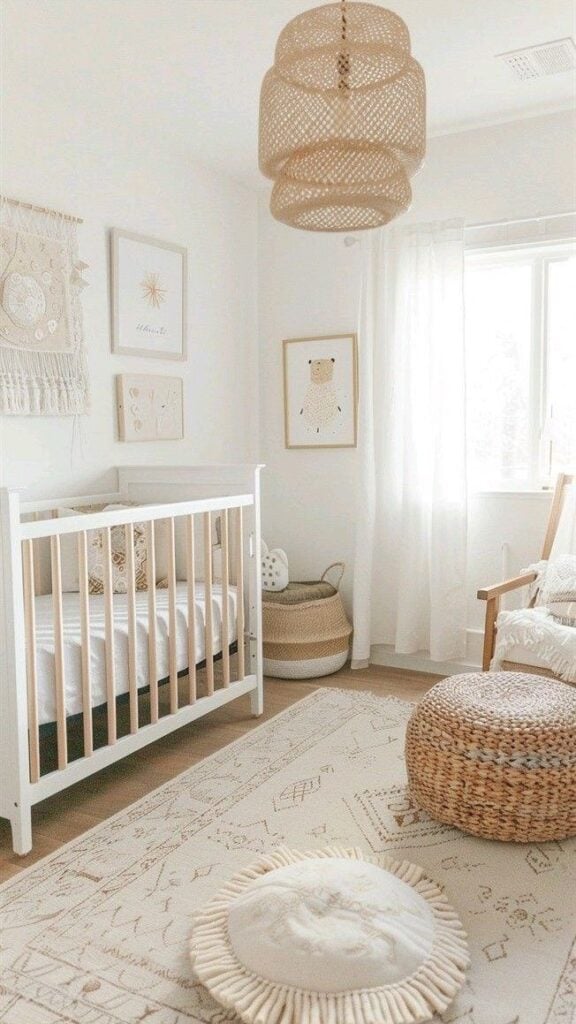 Quarto infantil em tons de branco e bege com puff, pendente e cesto em fibra natural