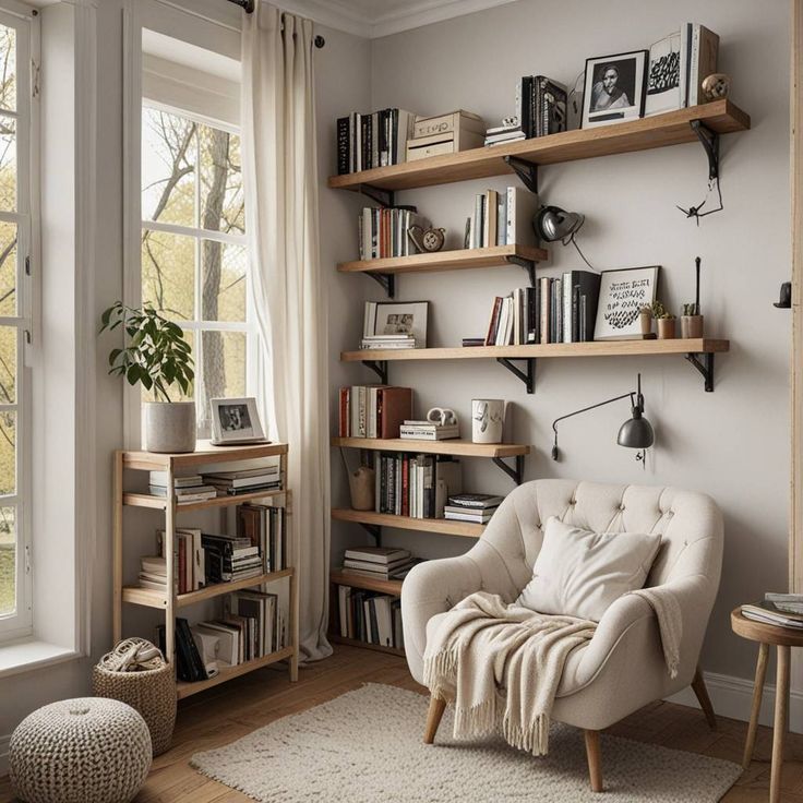 Cantinho da leitura com estantes e livros, poltrona off-white, puff e cesto organizador