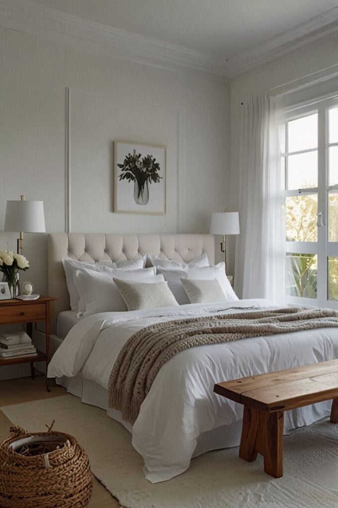 Quarto de casal em tons claros com banco de madeira aos pés da cama e cesto organizador de palha marrom