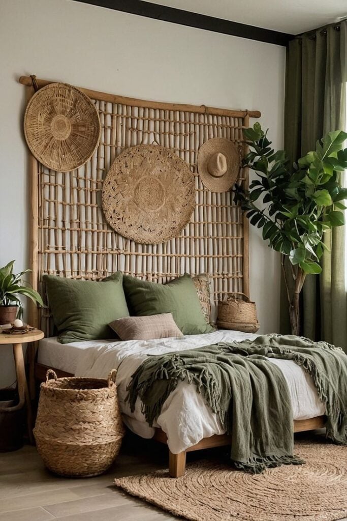 Quarto com elementos de fibra natural, roupa de cama verde e cesto de palha