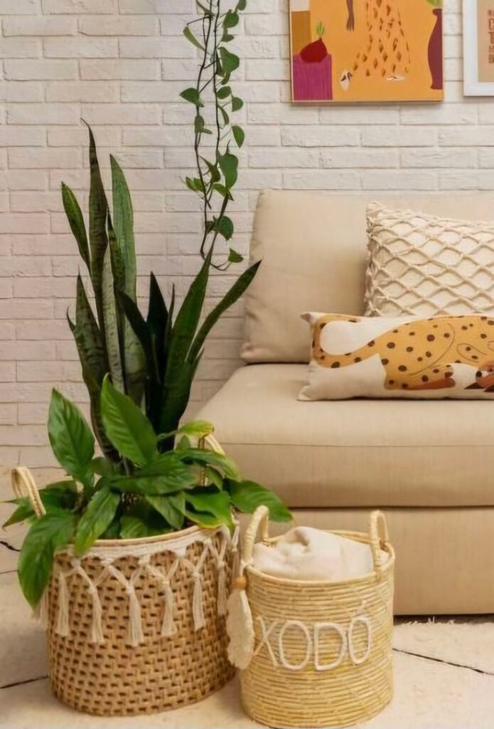 Sala com cestos com manta e plantas