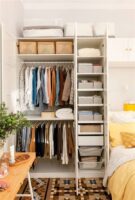 Closet pequeno com cabideiro, prateleiras e caixas