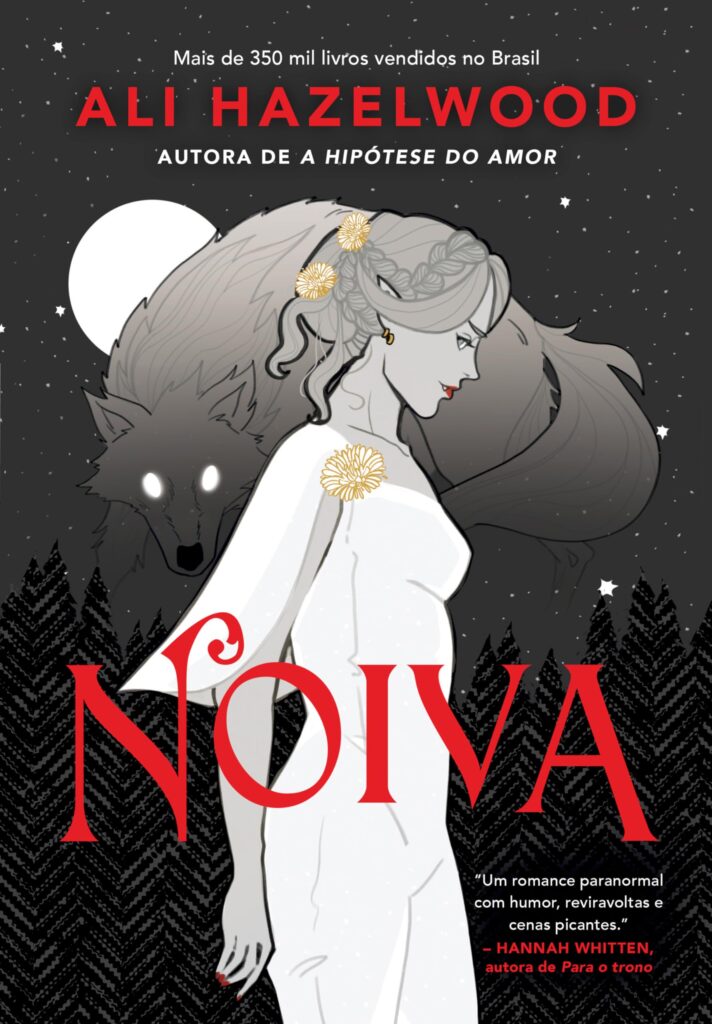 Capa do livro Noiva da Ali Hazelwood, como o desenho de uma noiva e lobisomem
