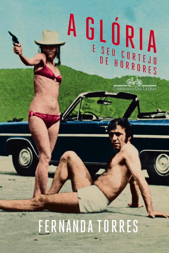 Capa de livro com mulher de biquini e homem sentado no chão, com um carro conversível ao fundo