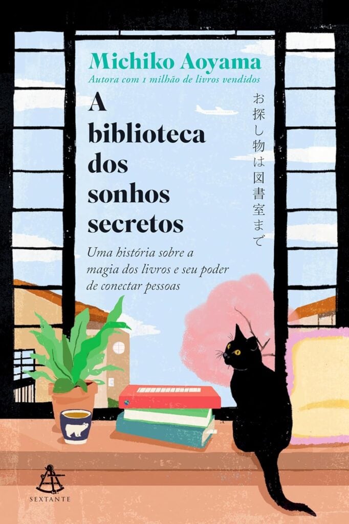 Capa de livro com um gato preto e livros de frente para uma janela