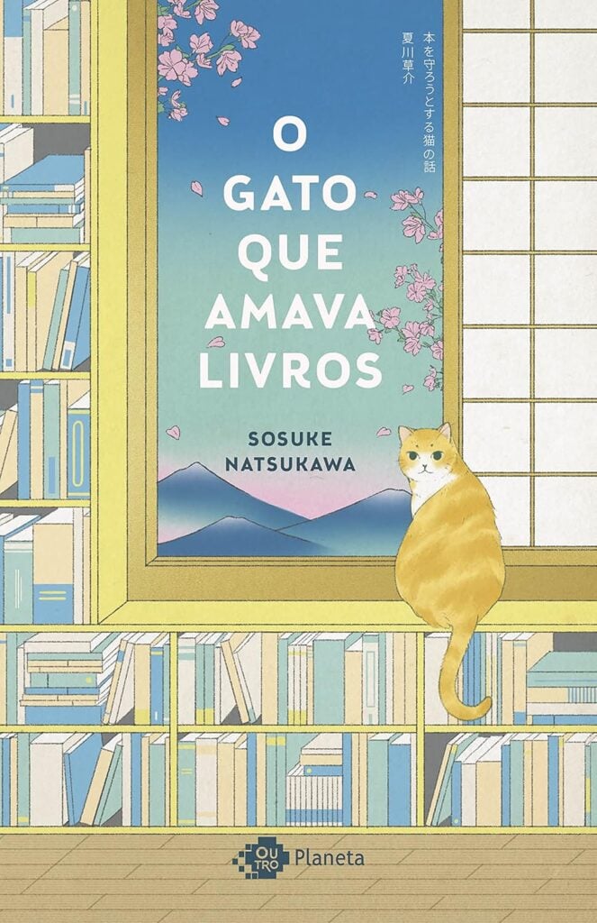 Capa de livro em tons de azul e amarelo, com um gato laranja sentado na janela