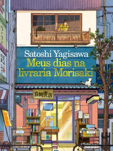 Capa de livro com uma livraria e na parte de cima, uma mulher e um gato na janela