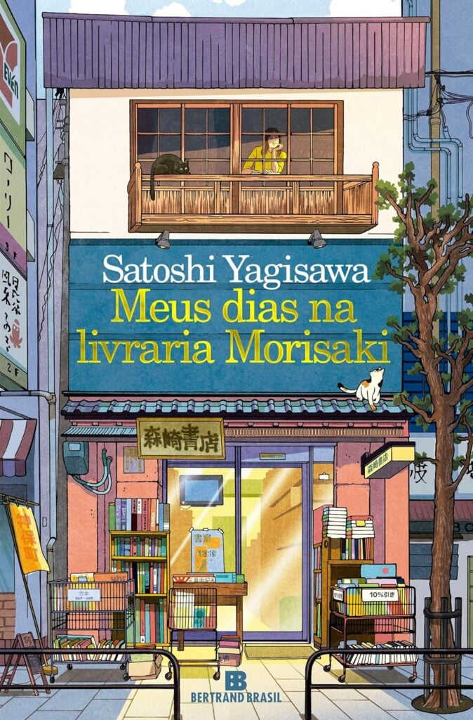 Capa de livro com uma livraria e na parte de cima, uma mulher e um gato na janela