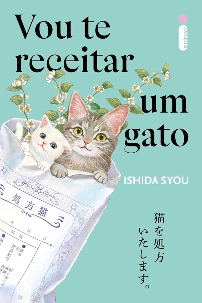 Capa de livro azul com um saco e dois gatos dentro
