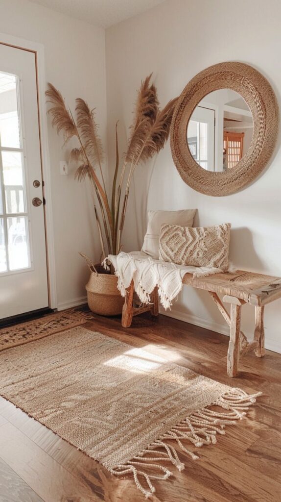 Ambiente boho com aparador, espelho rendo e tapete