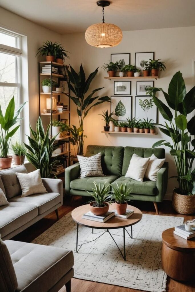 Sala com sofá verde, plantas e luminária de palha