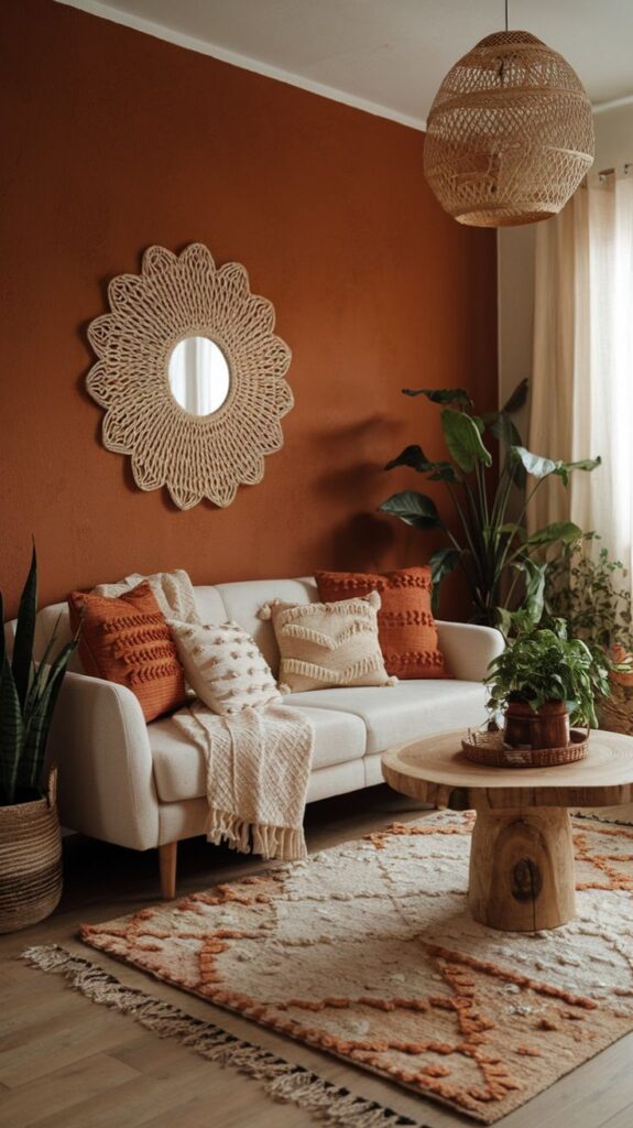 Sala com parede em cor terrosa, sofá off-white e mesa de centro de madeira