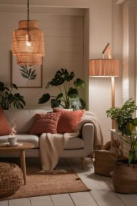 Sala com sofá claro e almofadas em tons terrosos, tapete, cestos e luminária de palha