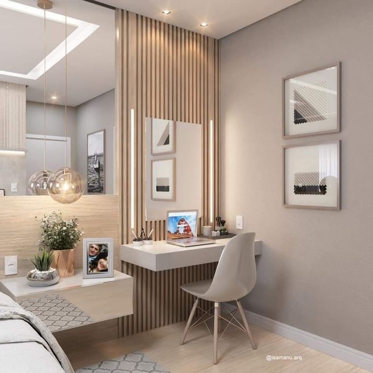 Quarto em tons neutros com parede ripada e led atrás da penteadeira