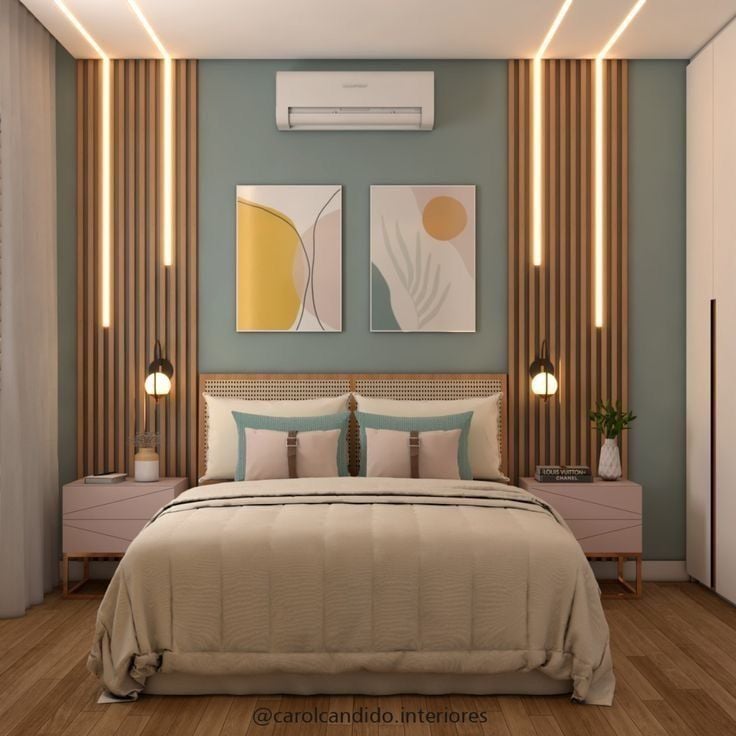 Quarto de casal com parede azul, detalhes ripados e cabeceira em palhinha