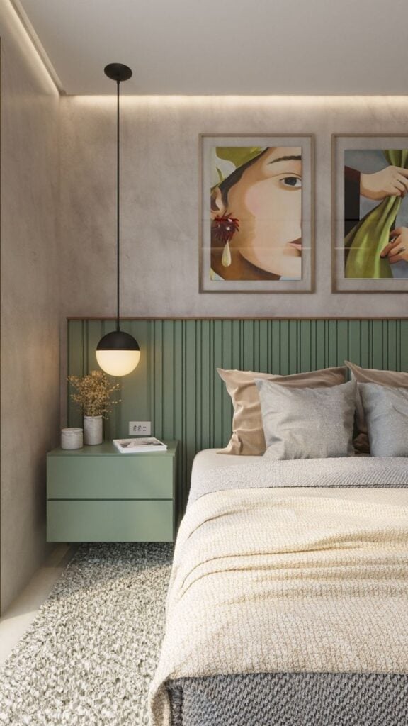 Quarto com cabeceira ripada em tom de verde e pendente moderno