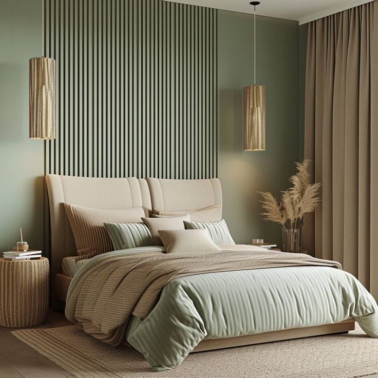 Quarto em tons de marrom e verde claros, com cabeceira estofada e parede ripada até o teto