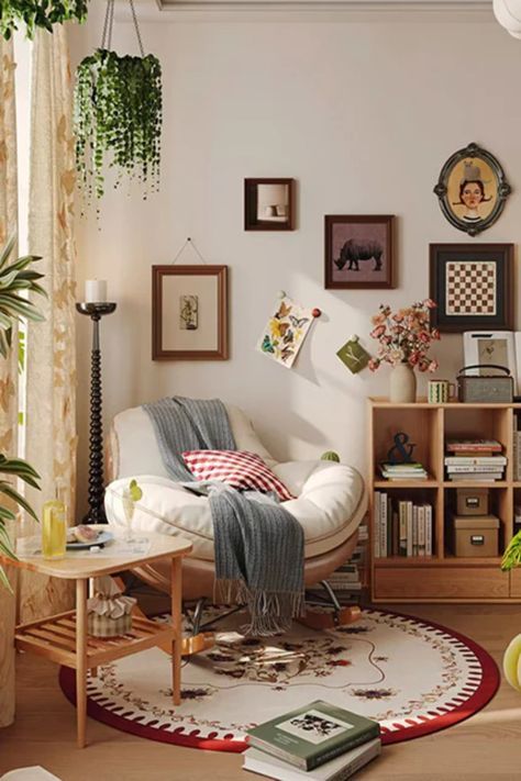 Ambiente de leitura com poltrona, tapete e livros