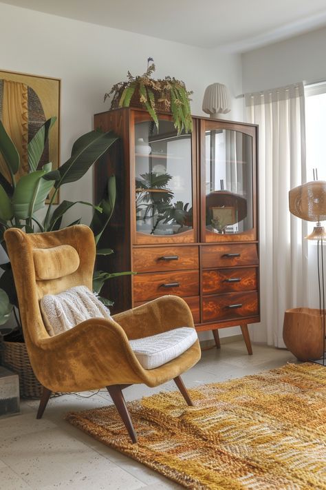 Poltrona de veludo com linhas orgânicas e pés de madeira na cor caramelo