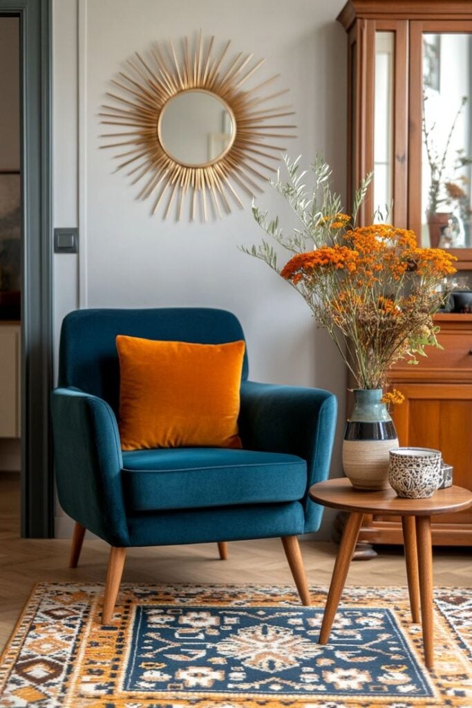 Poltrona azul de veludo com almofada laranja ao lado de uma mesinha com flores