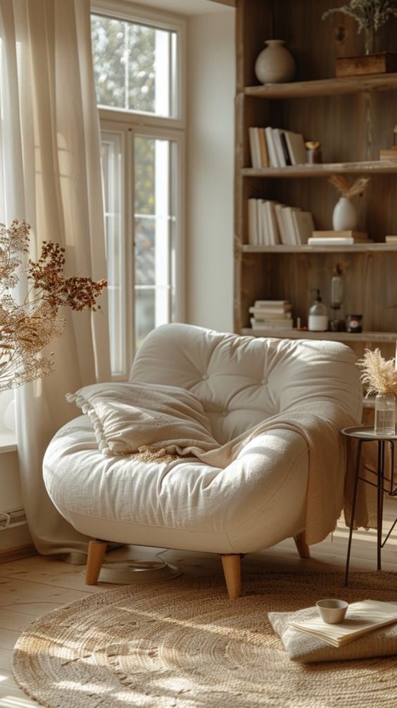 Ambiente em cores claras com poltrona confortável em cor off-white