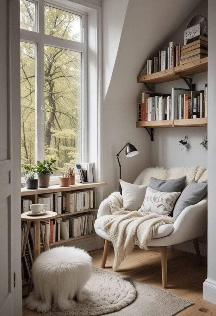 Espaço com poltrona, livros e puff branco
