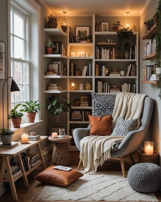 Ambiente com estante de livros, poltrona, almofadas e puff cinza no canto