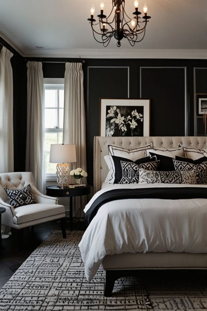 Quarto com cama e poltrona branca com parede preta e boiserie branco
