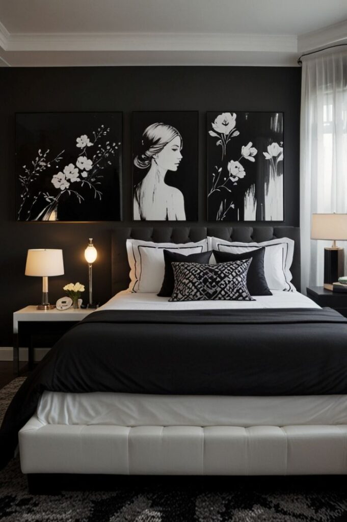 Quarto com parede e cabeceira pretas, e quadros de flores