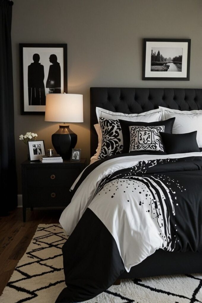 Quarto com parede cinza, cama preta e tapete em tom claro