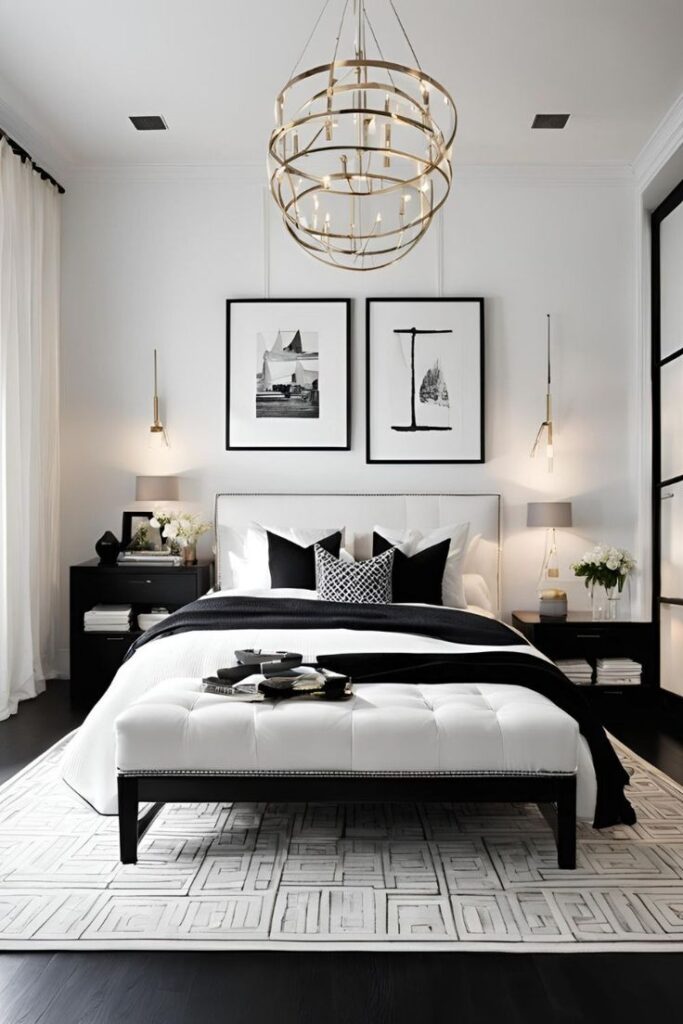 Quarto com paredes, cortinas e cama branca com lustre dourado