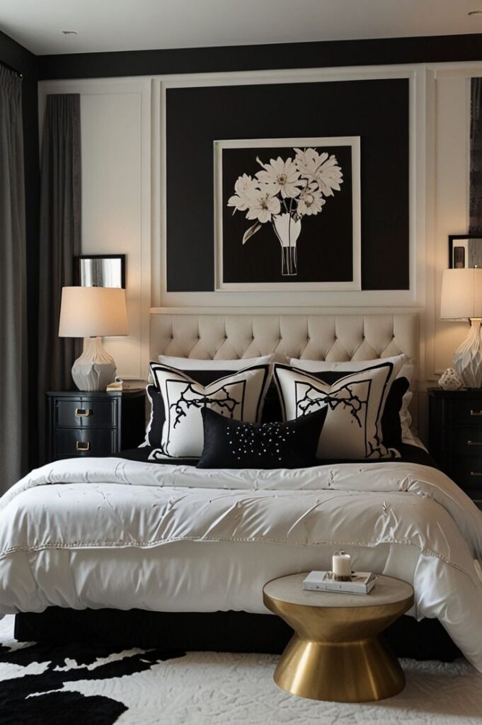 Quarto em branco e preto com cabeceira no estilo capitonê e mesinha em metal dourado