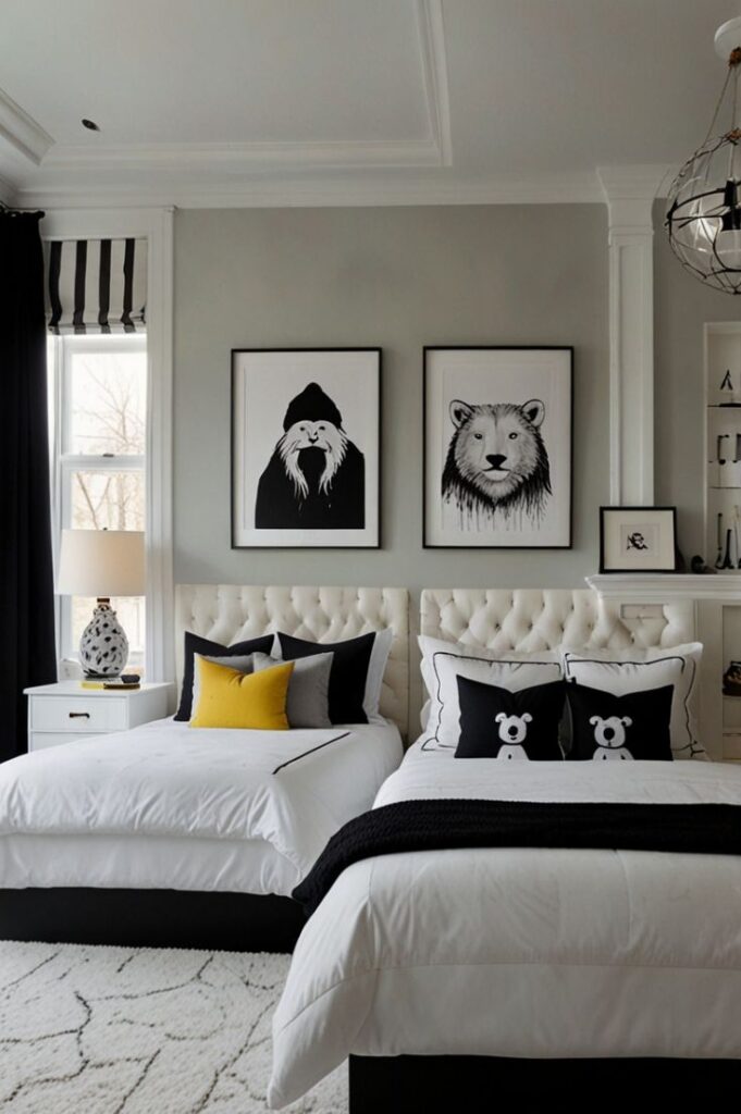 Quarto com duas camas brancas, com quadros de animais na árede e almofadas de cachorrinho